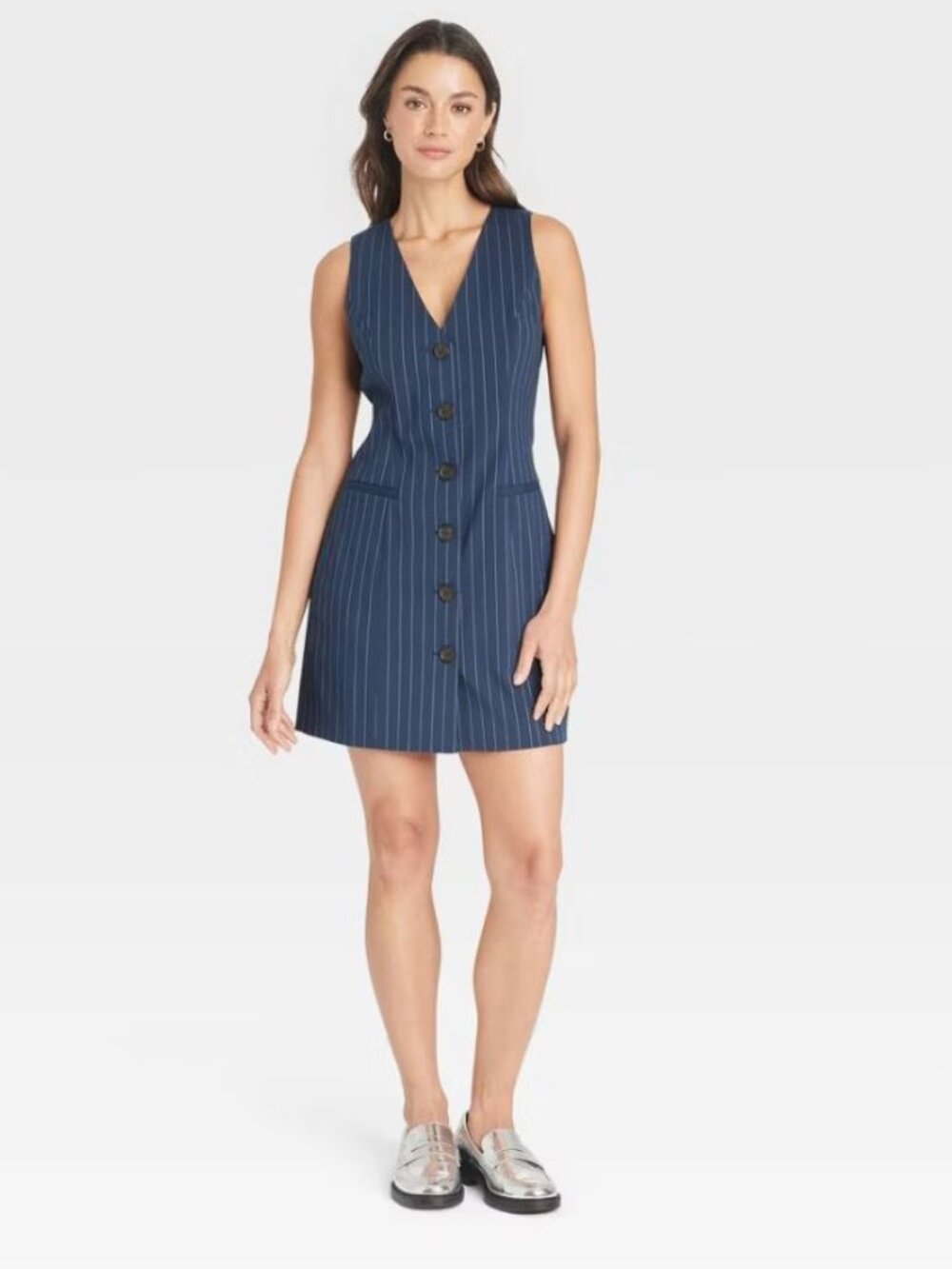 A New Day Mini Vest Dress Womens S Small Navy Blue Sleeveless Pinstripe V KK05D